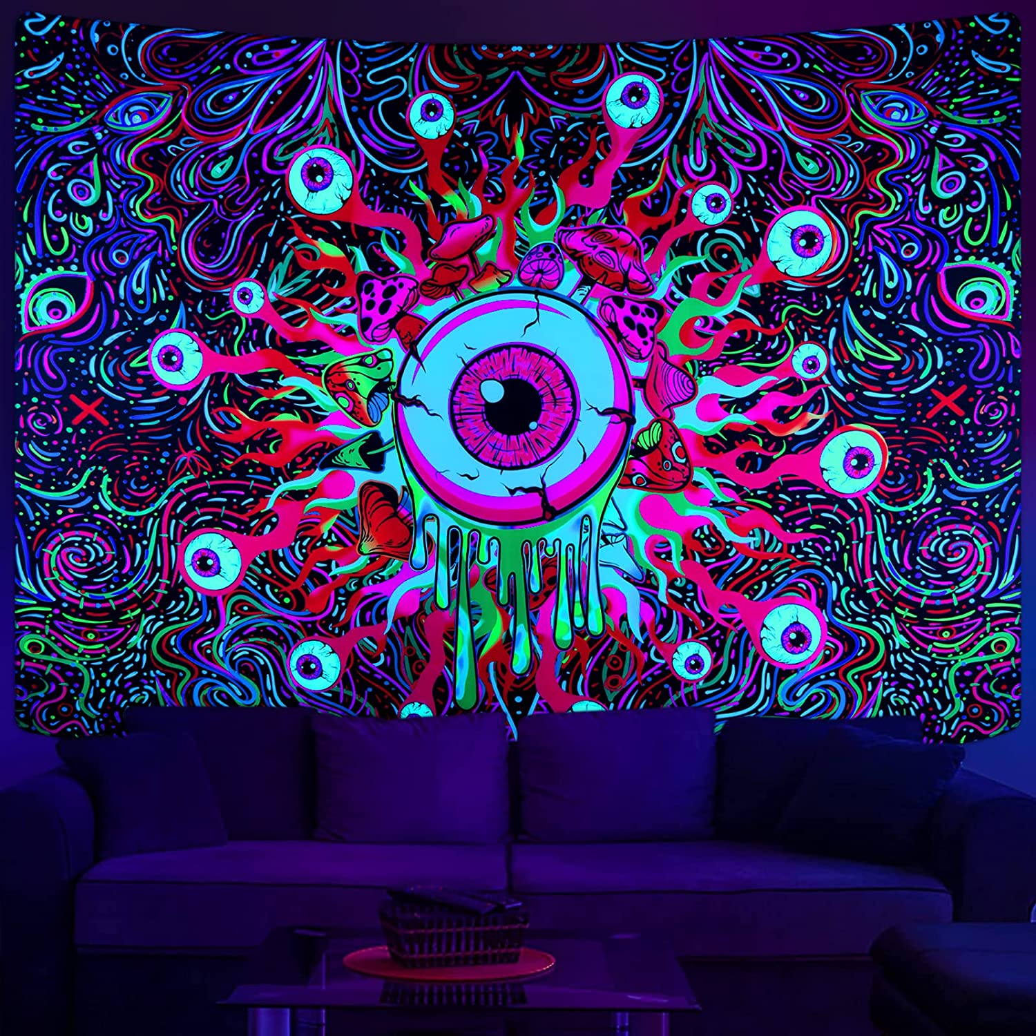 Mushroom UV Eyes Colorful Neon Tapestries Glow in The Dark51.2 x 59.1 inches