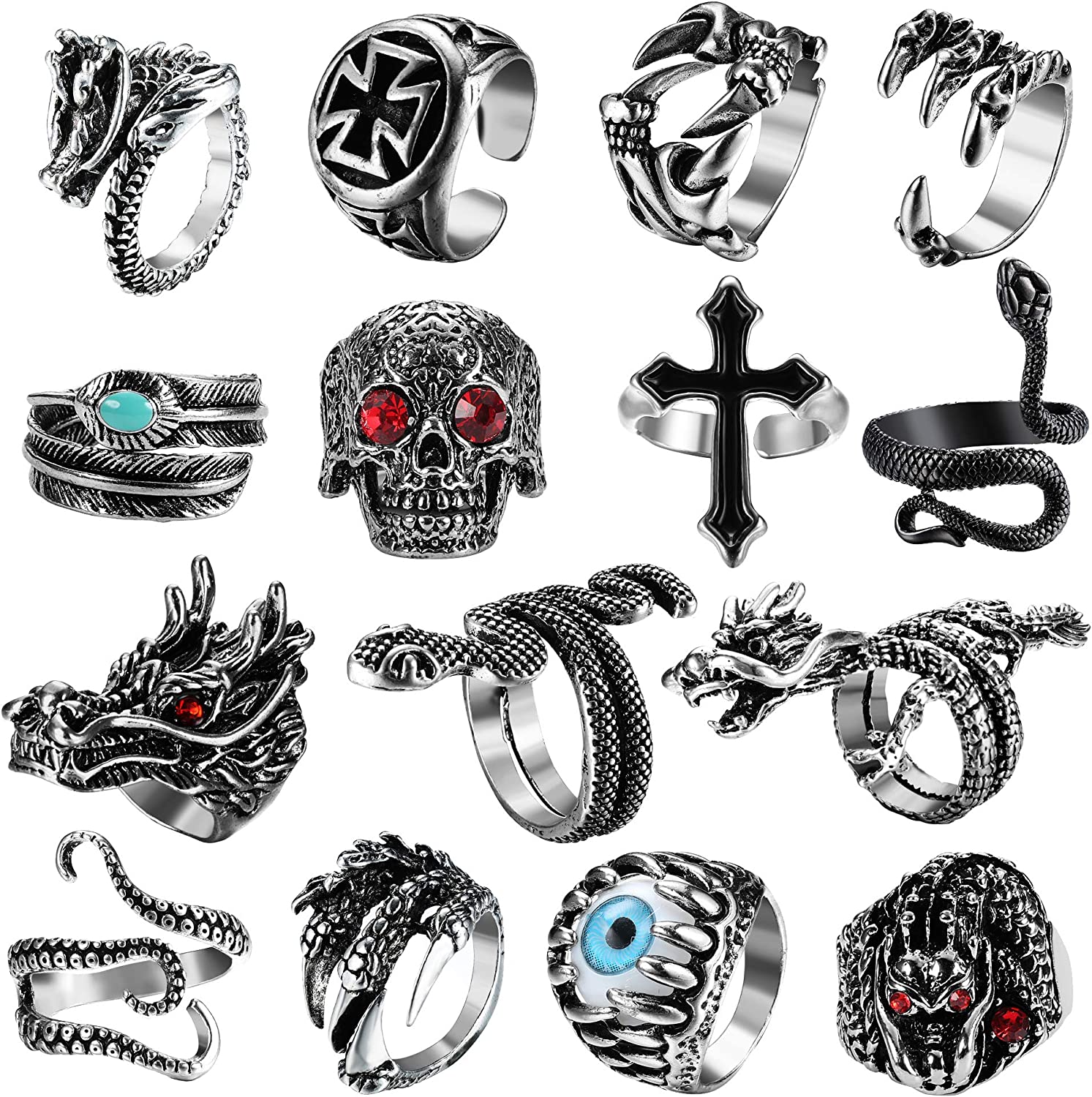 15Pcs Vintage Punk Rings for Men Women Snake Ring Dragon Open Rings Set Knuckle