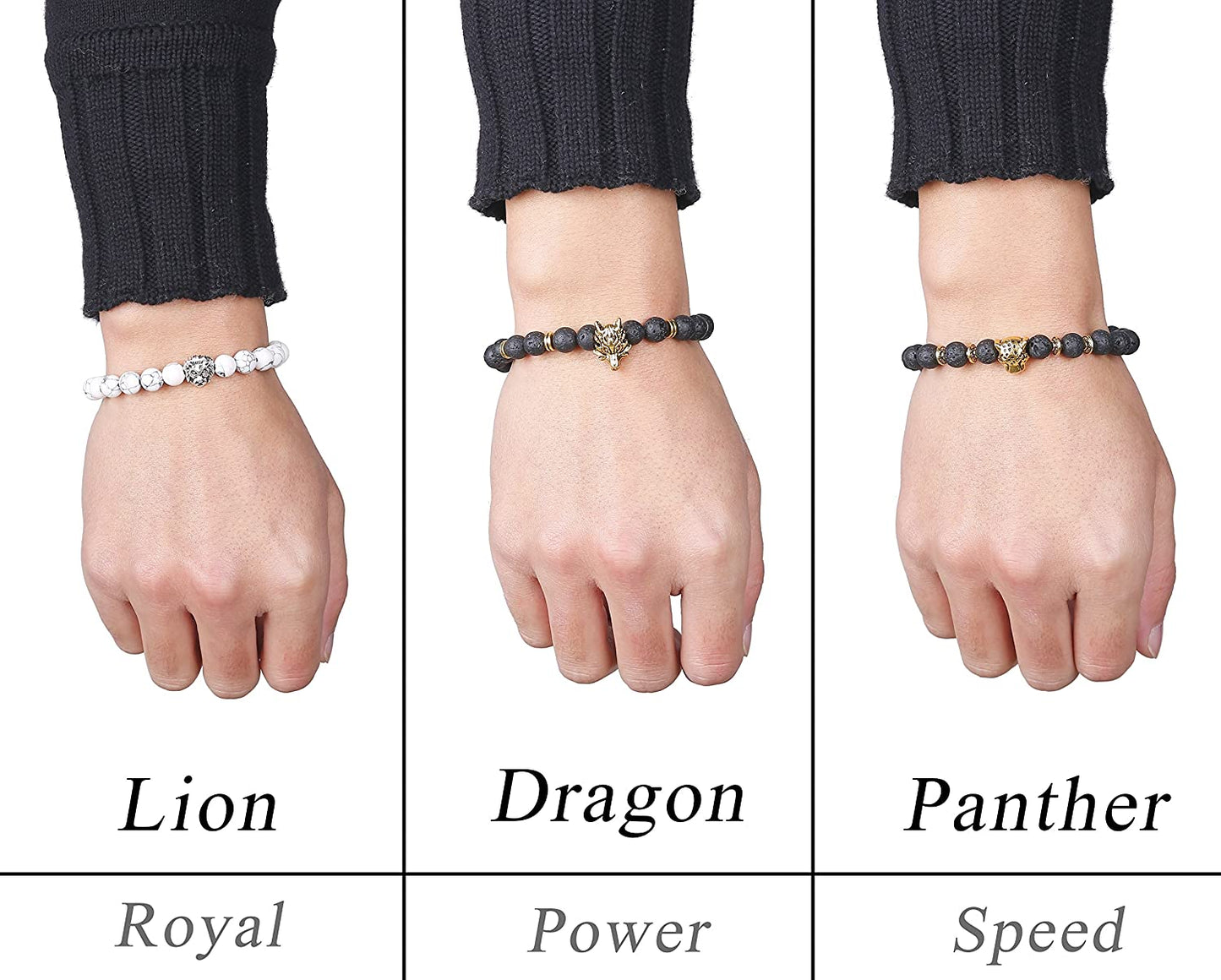 6PCS Bead Bracelets Set Dragon/Lion/Panther Charm Lava Rock Natural Stone Bracelet, 8MM