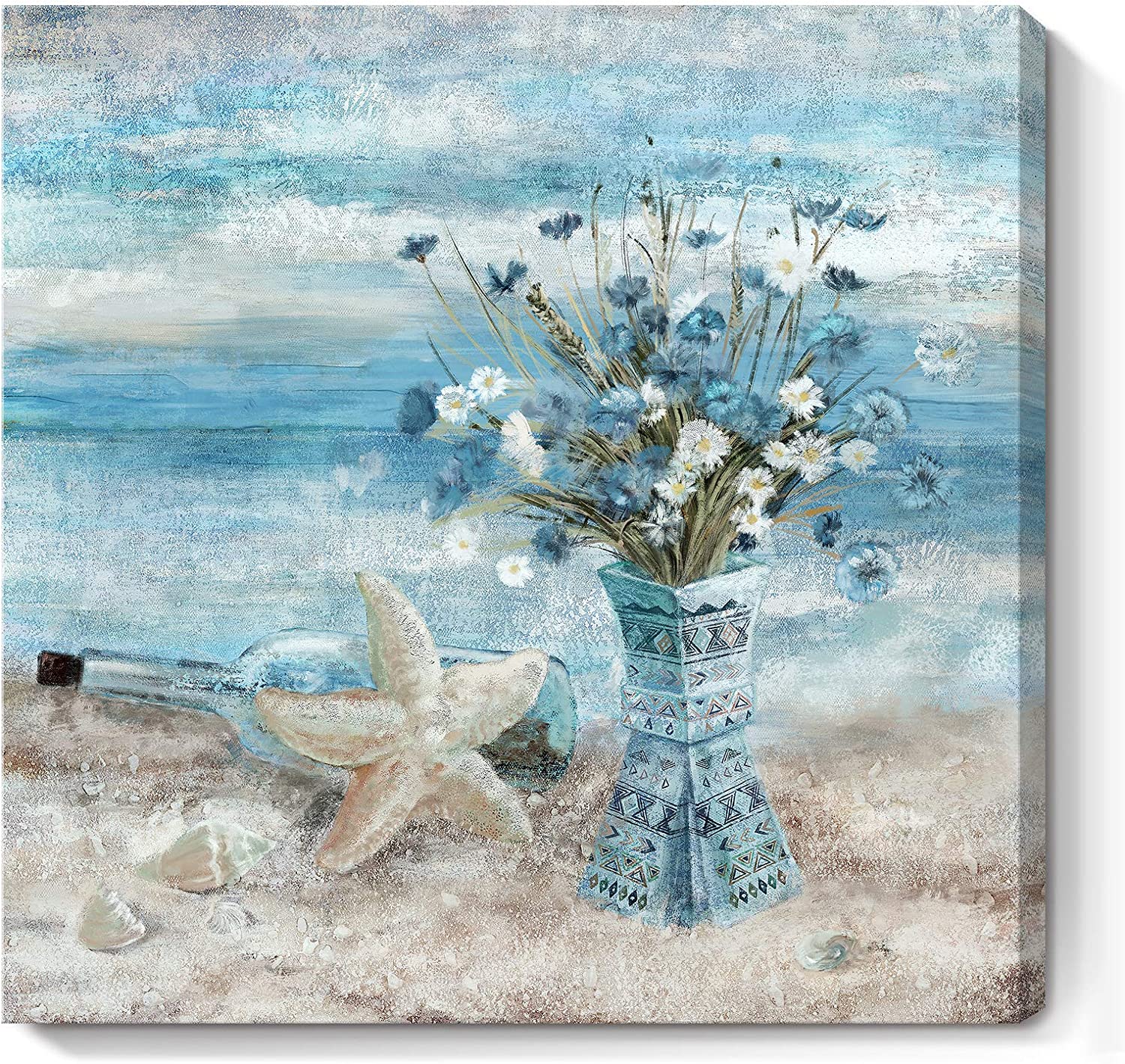 Wall Art Blue Beach Picture Ocean Theme Flower Canvas Print Modern Coastal Seascape Painting Framed 14x14inch