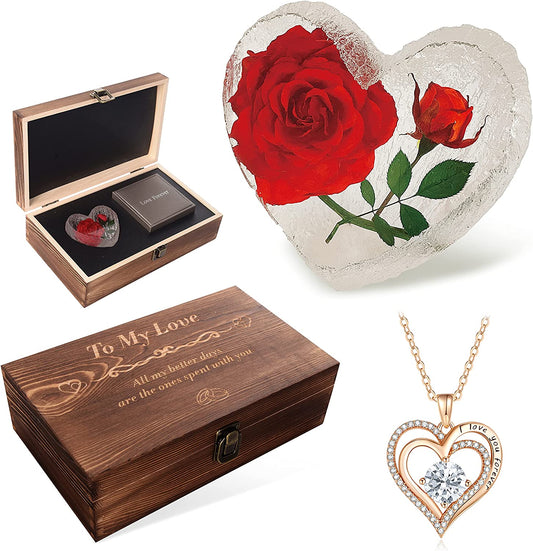 Preserved Red Real Rose Engraved White Wooden Gift Set - Valentines Day Gifts For Her