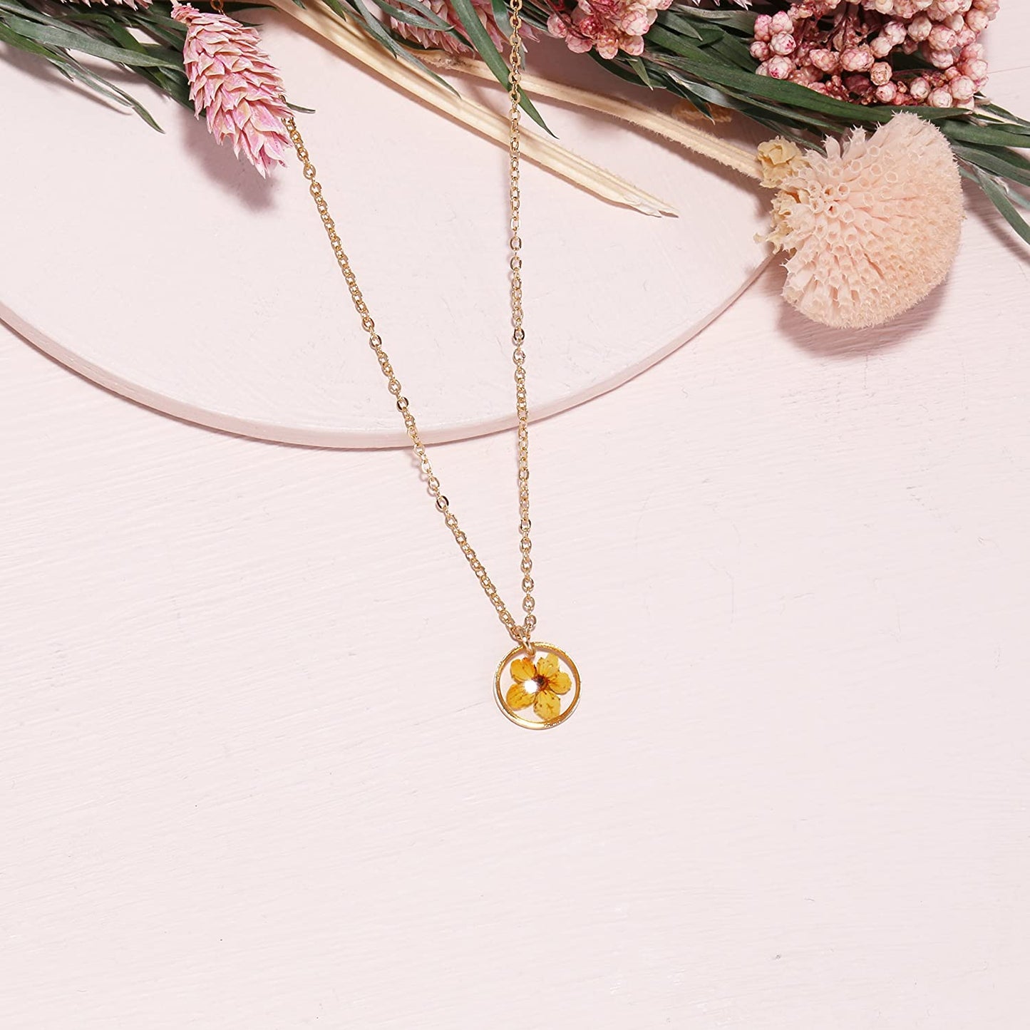 Pressed Flower Circle Frame Pendant with Yellow Gold Plated Necklace, Yellow