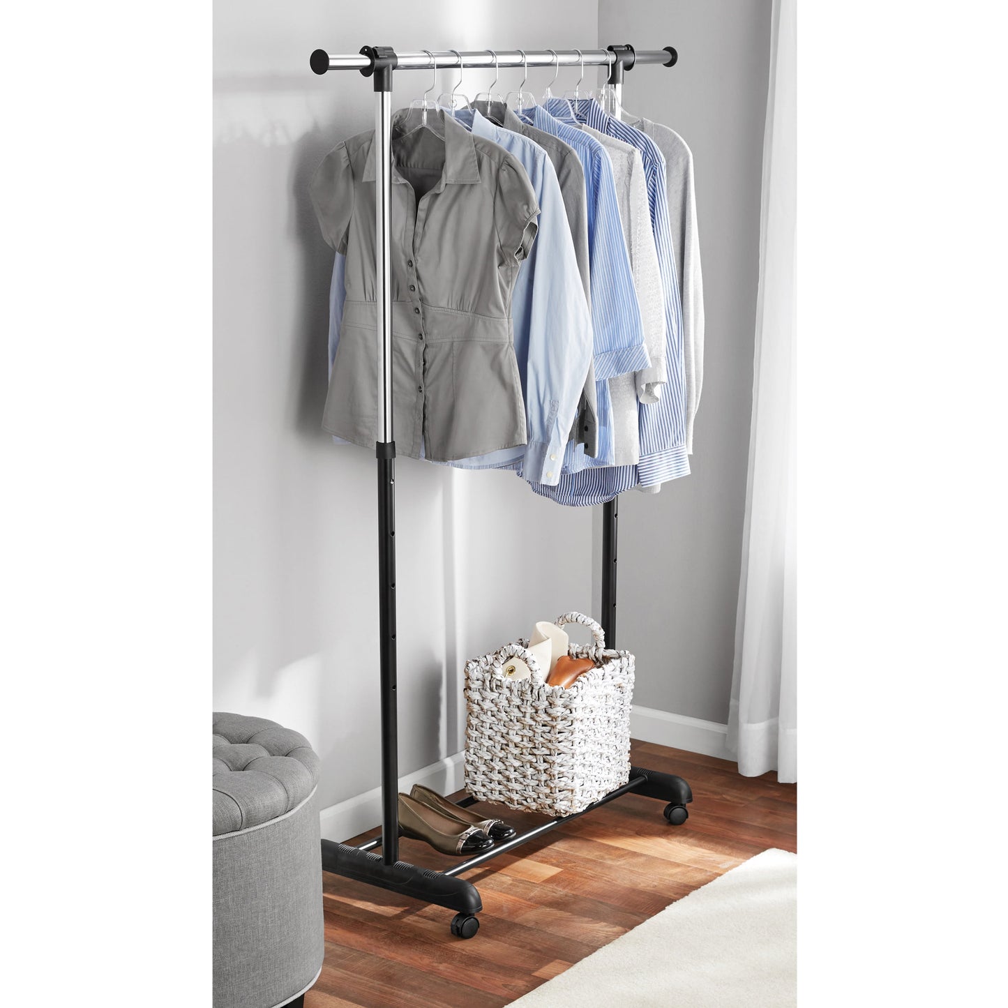 Adjustable Rolling Garment Rack Metal Chrome, Black