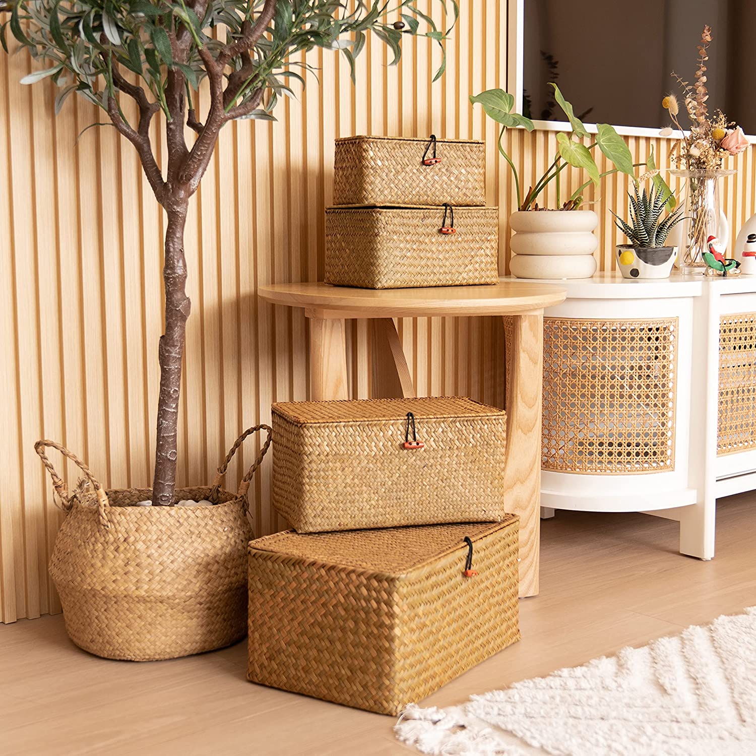 4 Pack, Wicker Baskets with Lids, Natural Seagrass Storage Baskets, Woven Rectangular Basket Bins, Rattan Storage Organizer