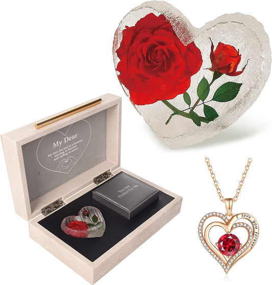 Preserved Red Real Rose Engraved Wooden Gift Set - Valentines Day Gifts For Her Red+ Leather