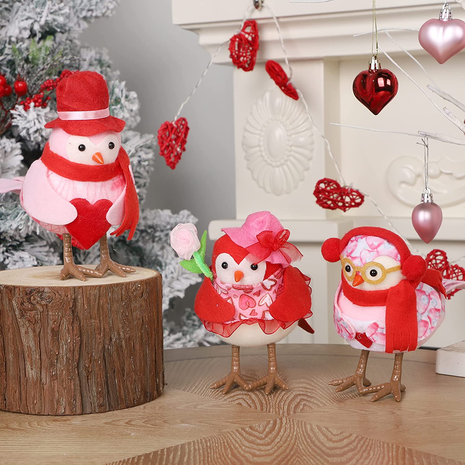 Valentine's Day Tabletop Decor, Set of 3 Red & Pink Bird Figurines, Perfect for Tiered Tray