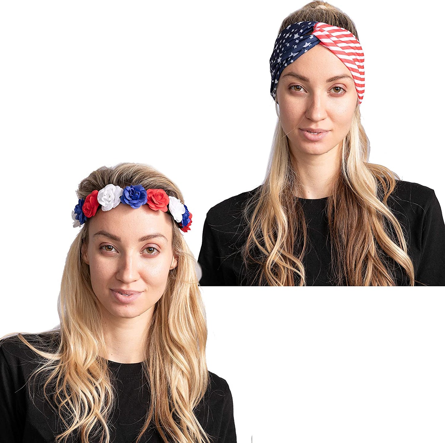 2 Pcs Patriotic Accessories w/. American Flag Headband and Flower Headband for Women Girls