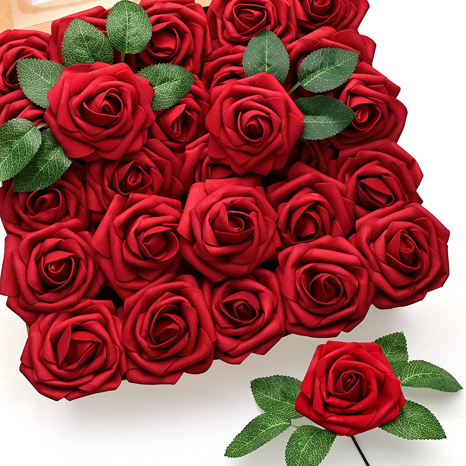 50Pcs Red Roses Artificial Flowers, Dark Red Fake Roses Foam Rose Bulk w/ Stem