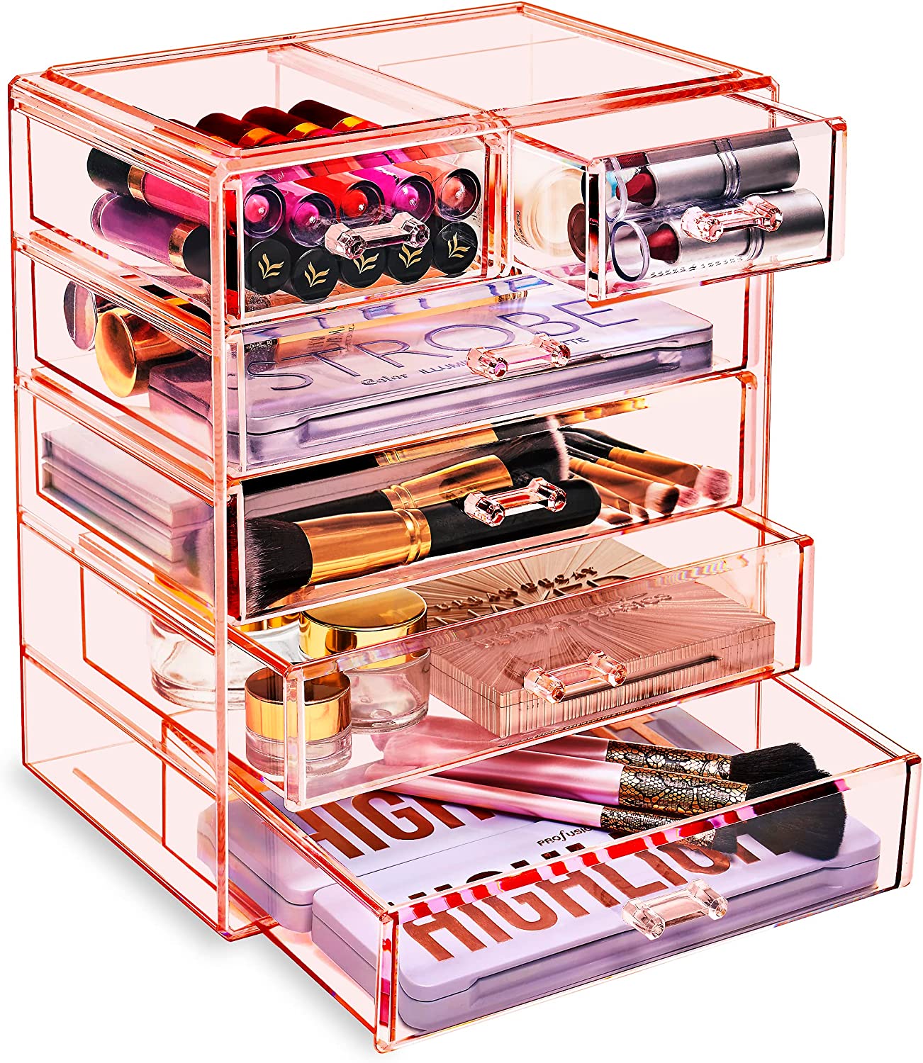 Clear Cosmetics Makeup Organizer-Big & Spacious Acrylic (4 Large, 2 Small Drawer) Pink