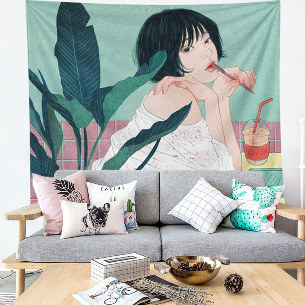 Sketching Style Girl Tapestry for Home Decoration