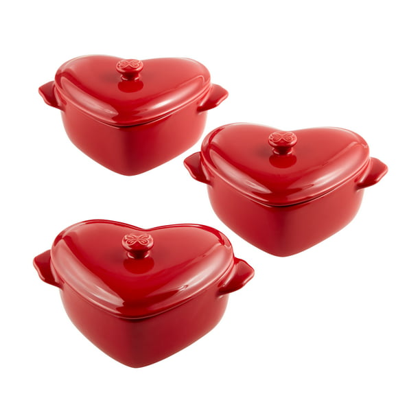 3 Red Mini Heart, Ceramic Baking Dish with Lid, 6.45"