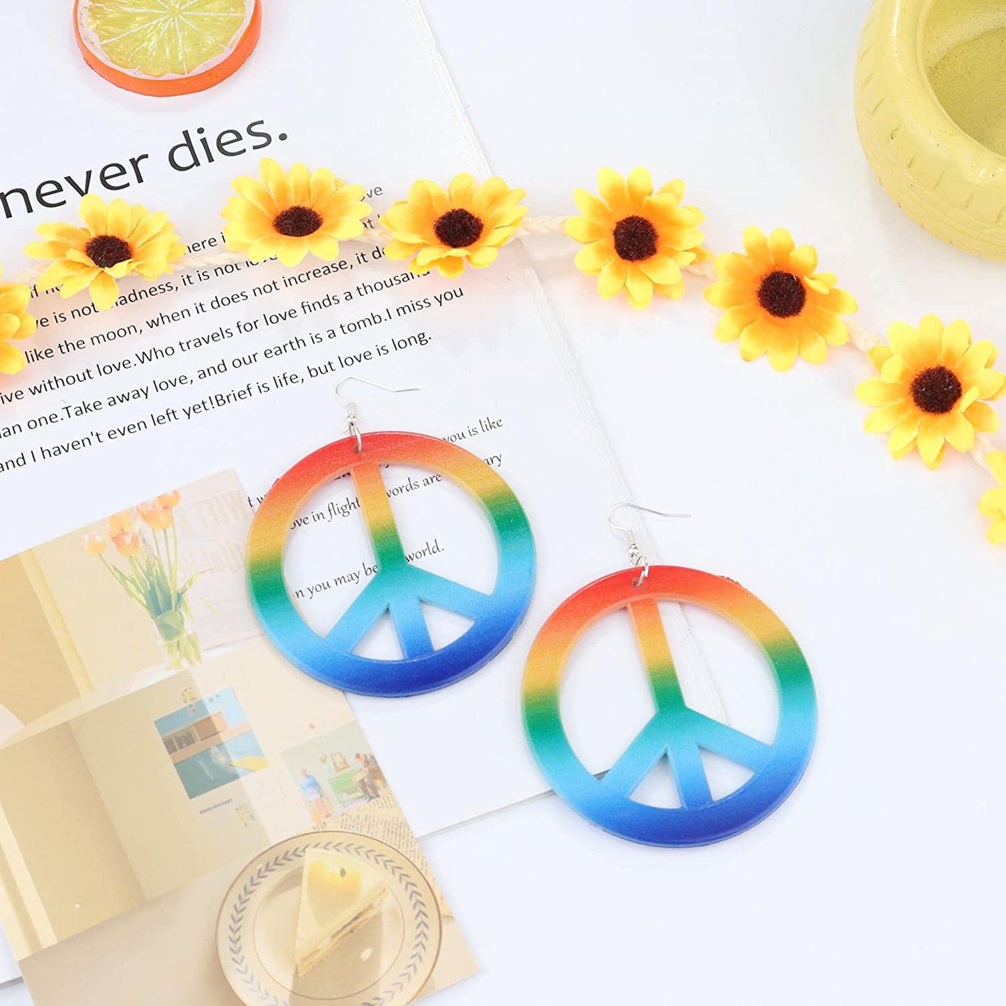 Hippie Costume Set, Peace Sign Necklace, Peace Sign Earrings, Flower Crown Headband Jewelry Accessories