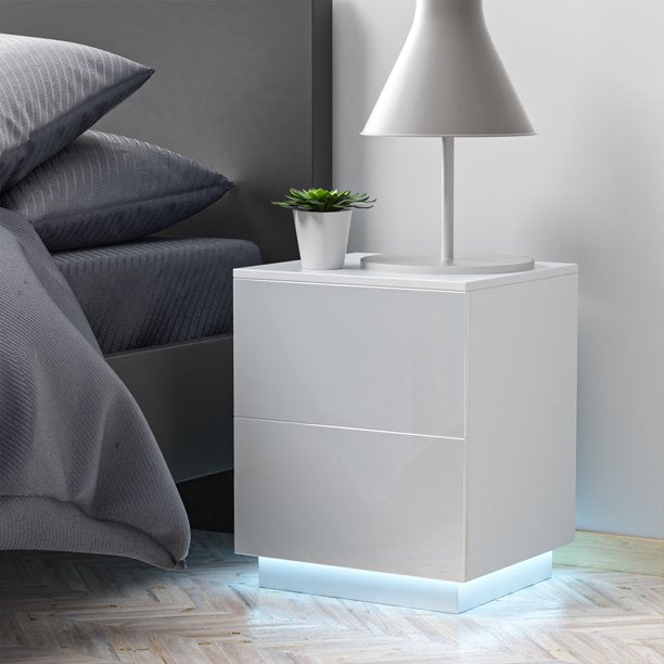 1/2 Pieces LED Nightstand 2 Drawers Bedside End Table w/ Remote RGB LED Light, High Gloss Wooden