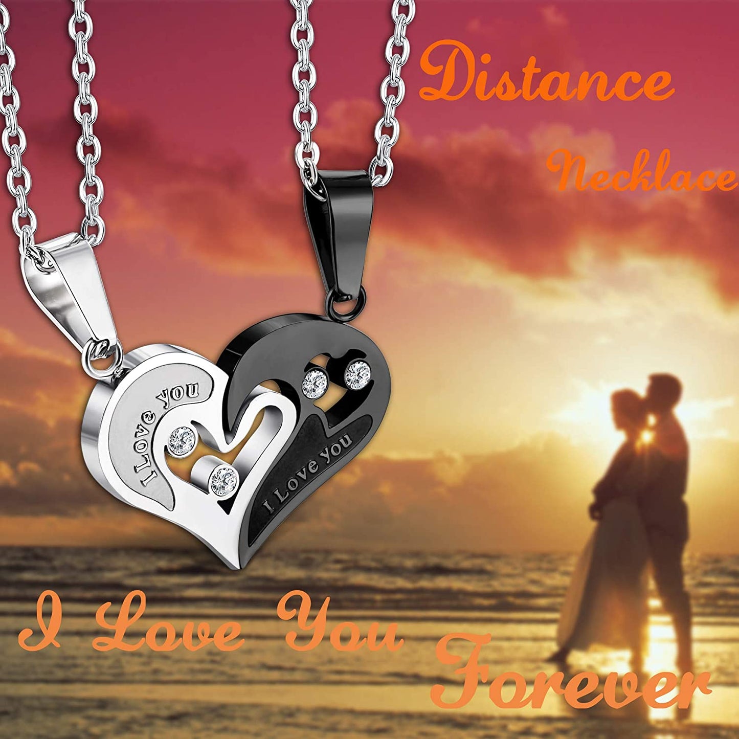 4Pcs Couple Love Heart Pendant Necklace Bracelets Matching Set