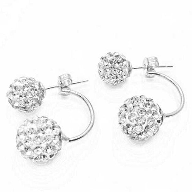 1 Pair Women Jewelry Silver Double Beaded Rhinestone Crystal Stud Earrings