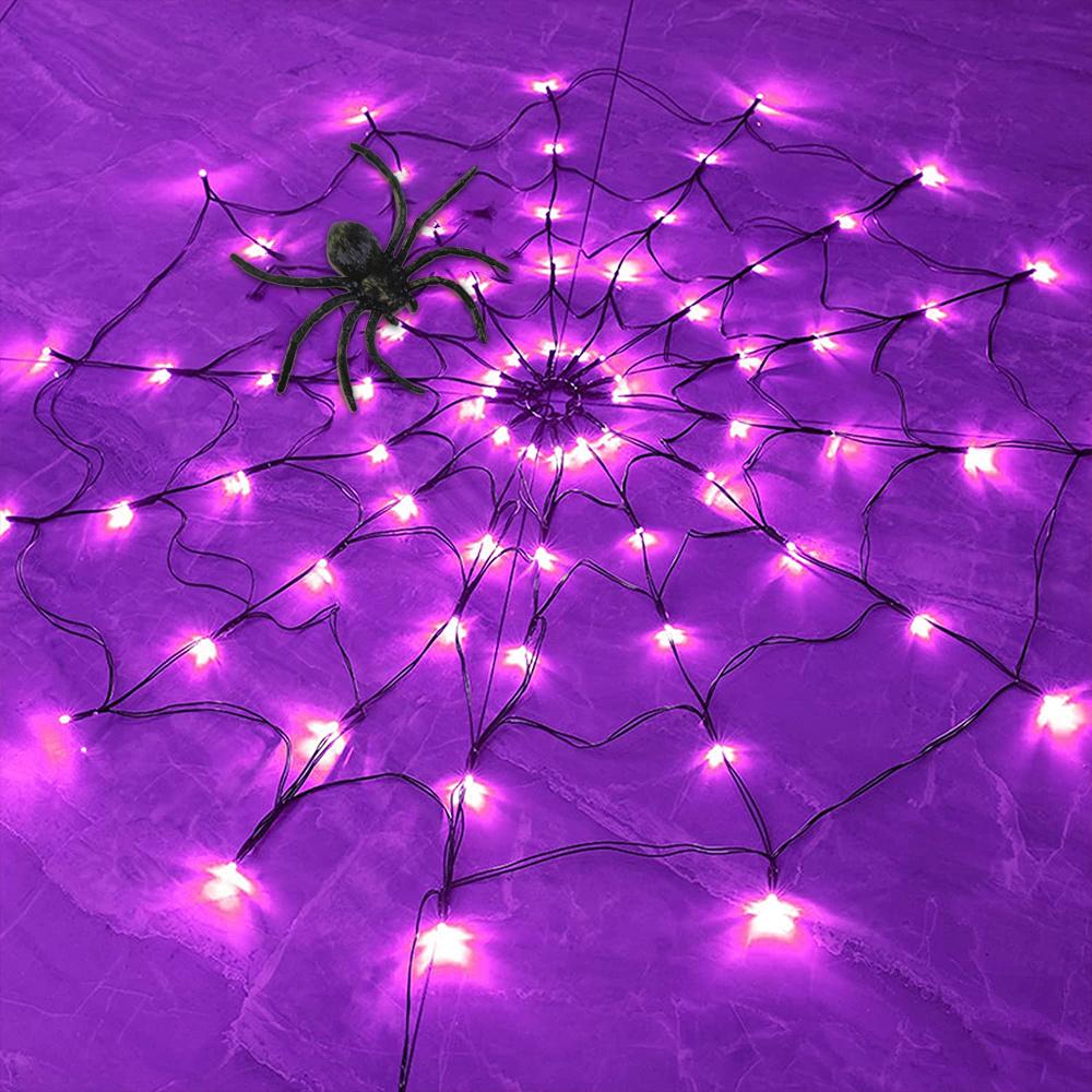 60 LED Halloween Spider Net Web String Lights w/ Black Spider