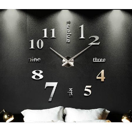 DIY Frameless Large Wall Clock 3D Sticker Modern Mute Mirror Surface Home Office Decoration Gift, Silver