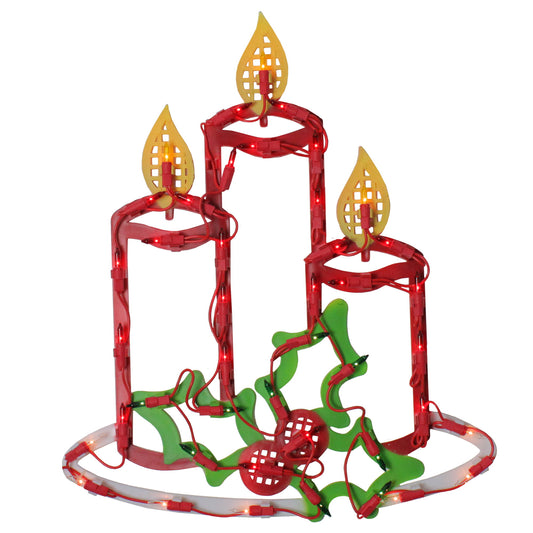 Lighted Candles w/ Holly & Berry Christmas Window Silhouette - 16.5 Inch