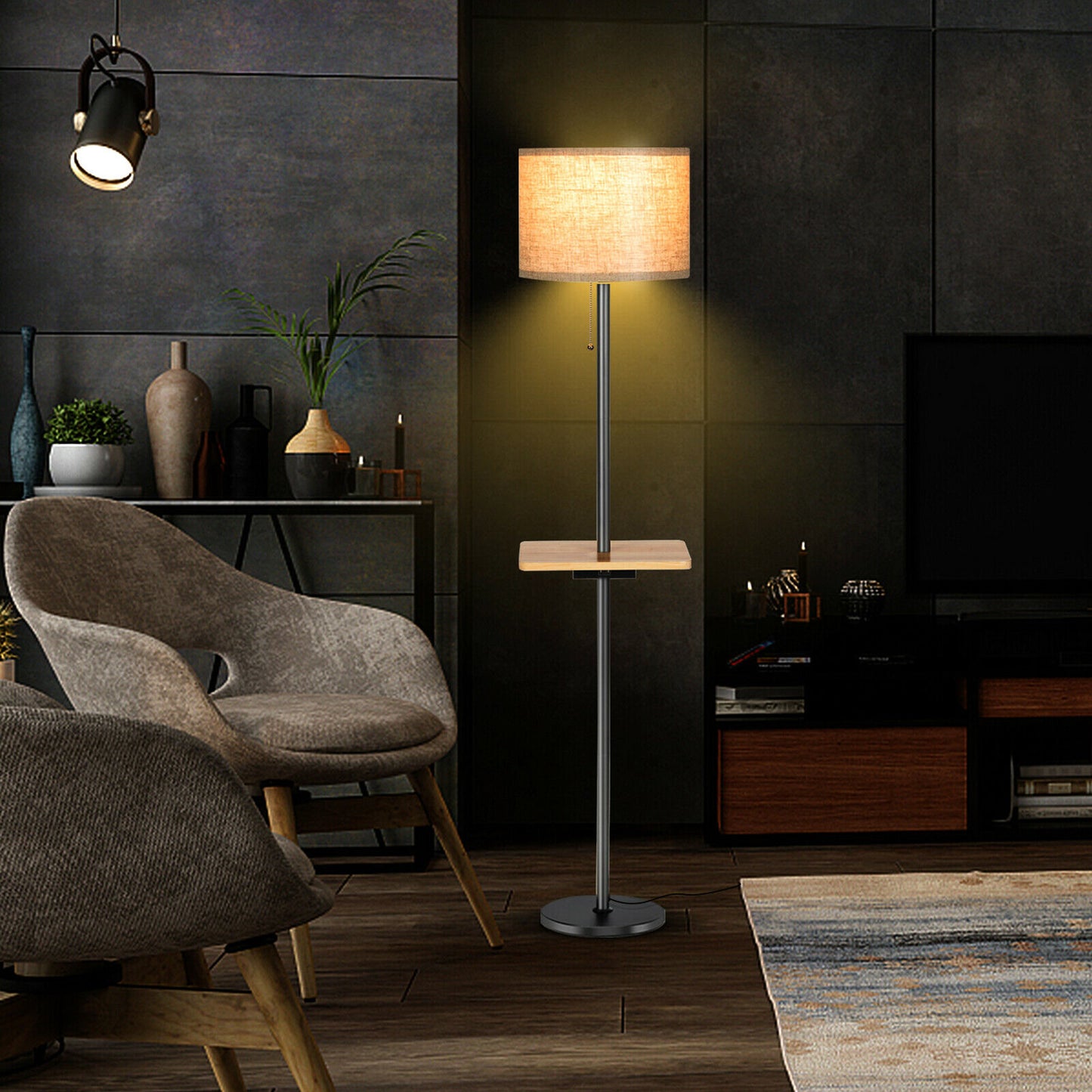 Modern Floor Lamp w/ Tray Table Dual USB Charging Port