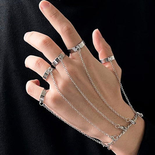 Punk Geometric Chain Wrist Bracelet For Women Men Ring Charm Set