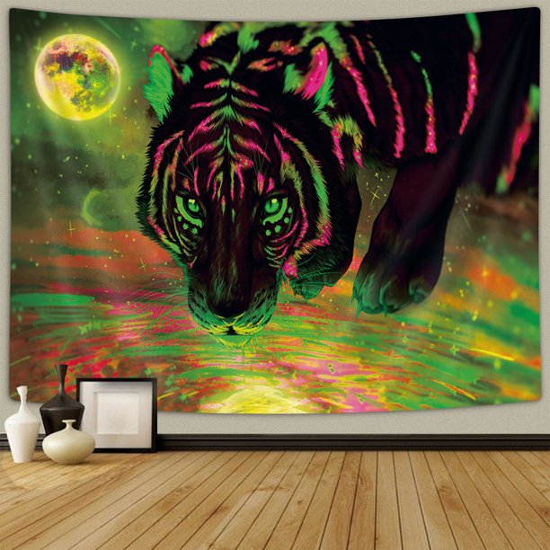 Blacklight Psychedelic Galaxy Starry Fantasy UV Reactive Trippy Space Tiger Tapestry  60x40 INCHES