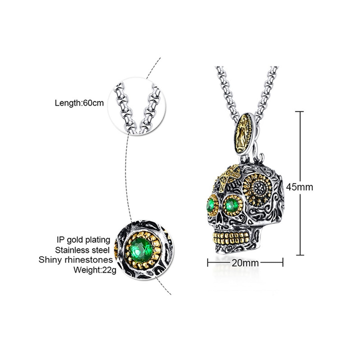 Punk Skull Green Eye Pendant Necklace for Men & Women