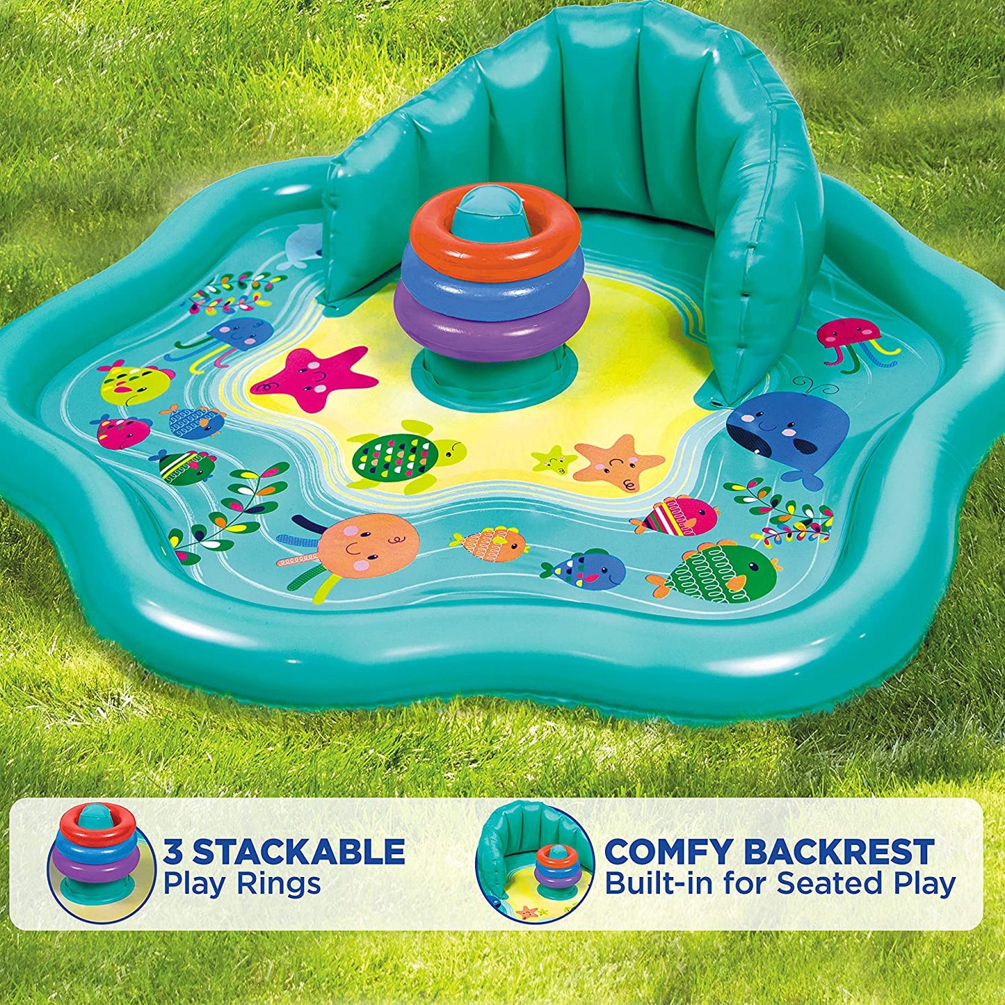 Blue Baby Splash Play Mat w/ Adjustable Canopy -Inflatable Play Pool for Babies & Infants with Backrest w/ Includes Baby Water Toy Rings