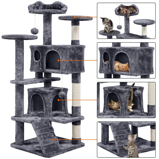 54.5" Double Condo Cat Tree w/ Scratching Post Tower- Dark Gray