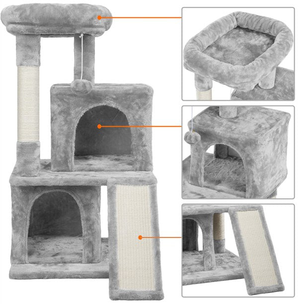 36'' H Cat Tree Tower House with Double Condos Scratching Posts Sisal Rope Furry Ball for Cats and Kittens, Light Gray