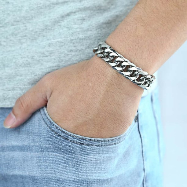 15mm Wide 9 inch Curb Cuban Rombo Mens 316L Stainless Steel Chain Bracelet Silver