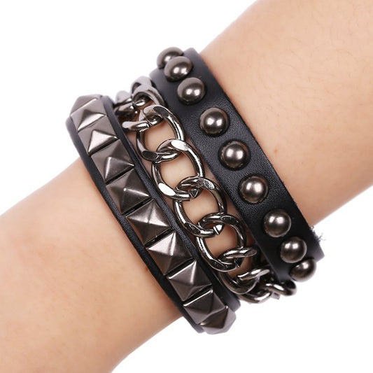 Goth Punk Bracelet Leather Spike Stud Wristband Multilayer Chain Rivets Bracelet