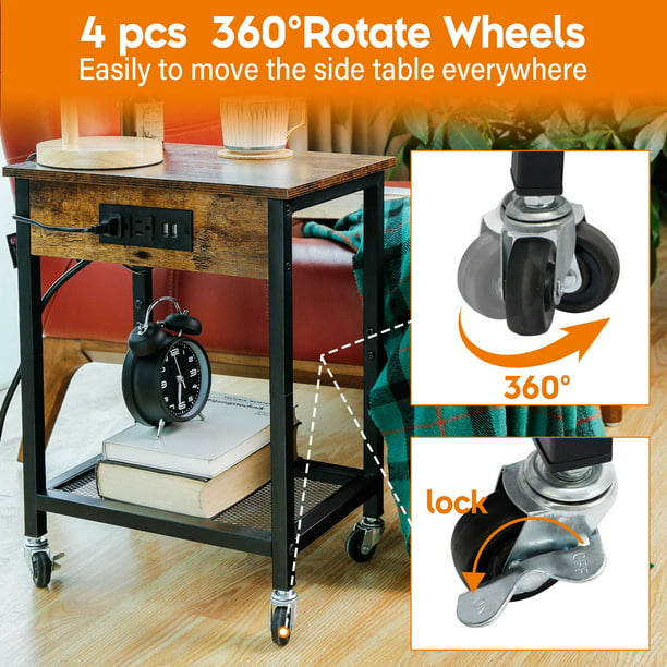 End Table w/ Charging Station & USB Ports w/ Wheels & Storage Shelf