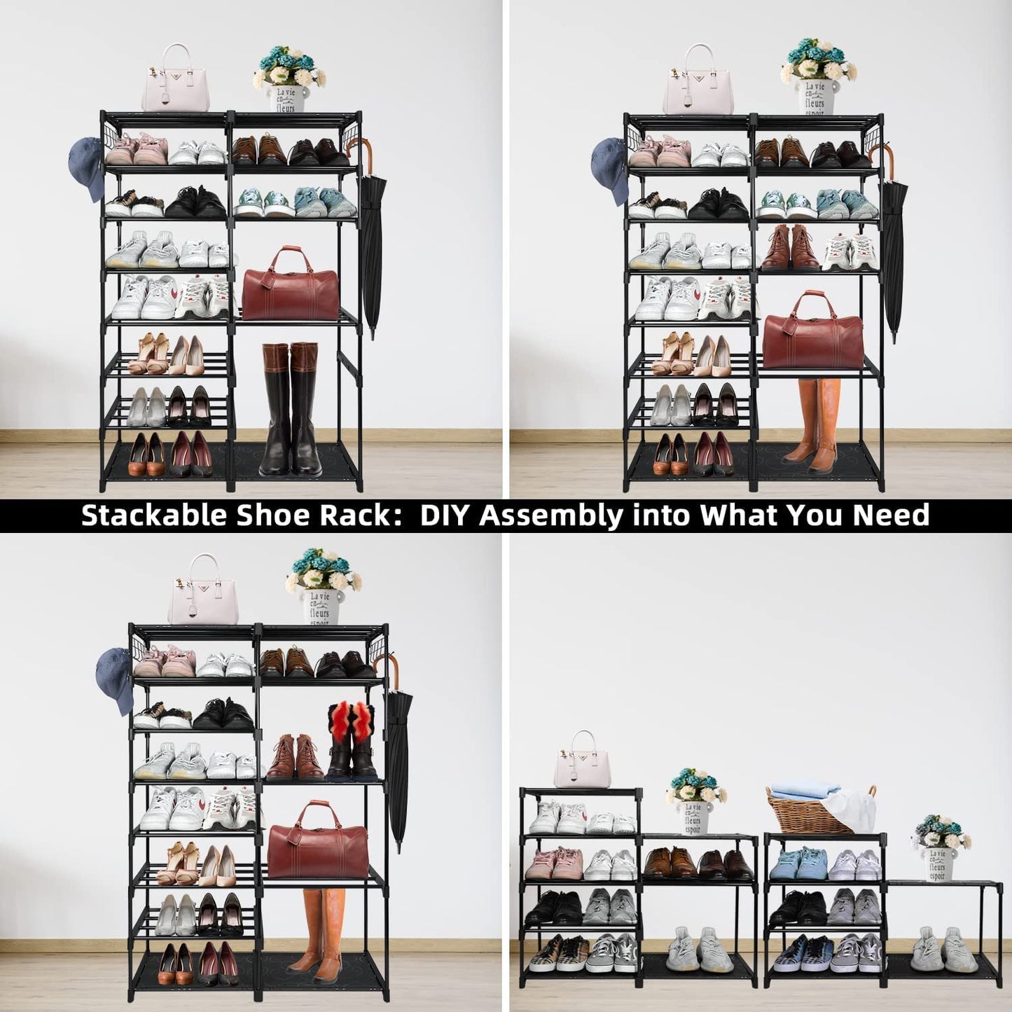 Large Metal Shoe Rack, 50-55 Pairs w/ Hooks-Black