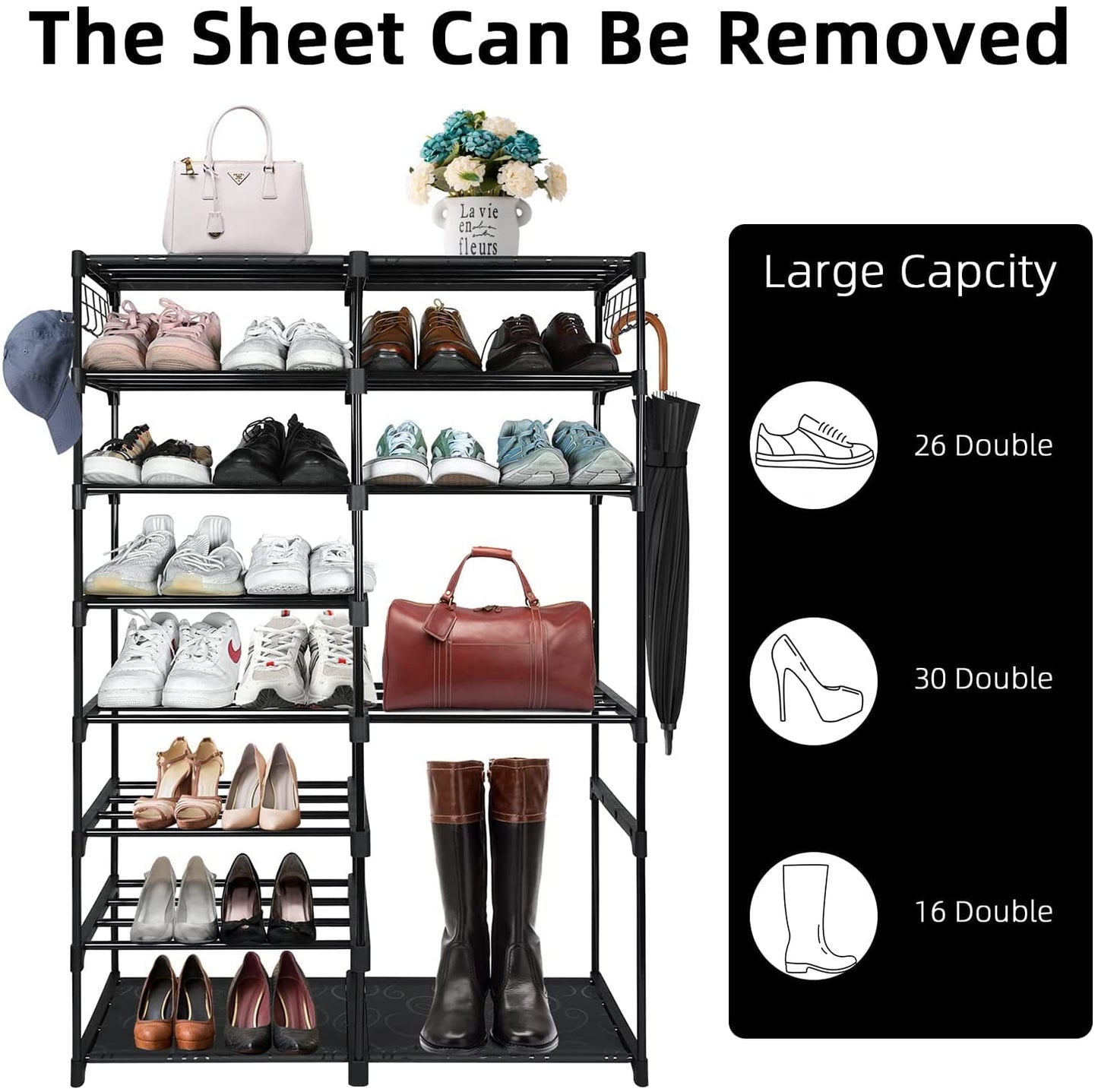 Large Metal Shoe Rack, 50-55 Pairs w/ Hooks-Black