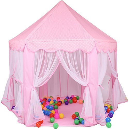 Hexagon Princess Castle Play Tent Indoor for Kids Gift w/ Star Lights