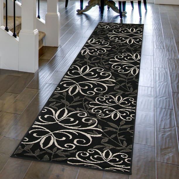 Black Transitional Medallion Flowers Loomed Runner Rug, 1'11" x 9'8"