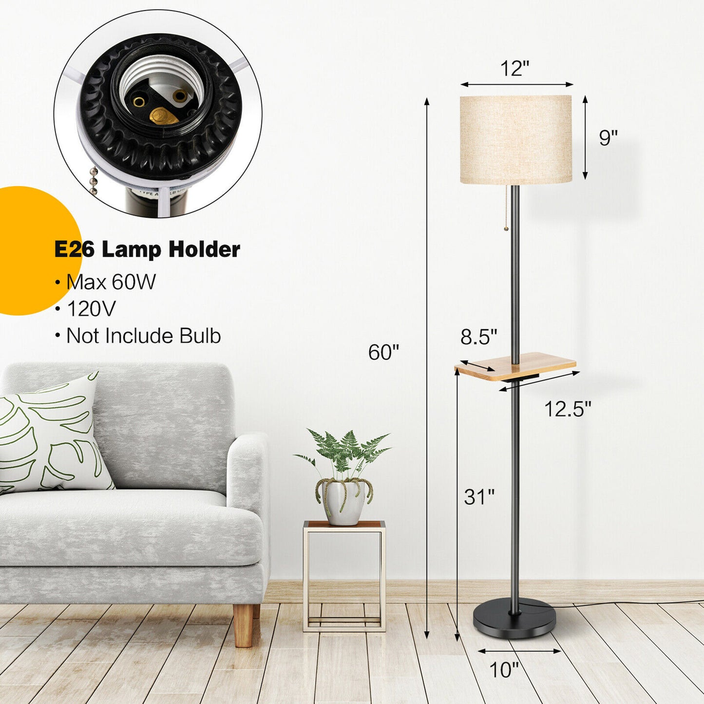 Modern Floor Lamp w/ Tray Table Dual USB Charging Port