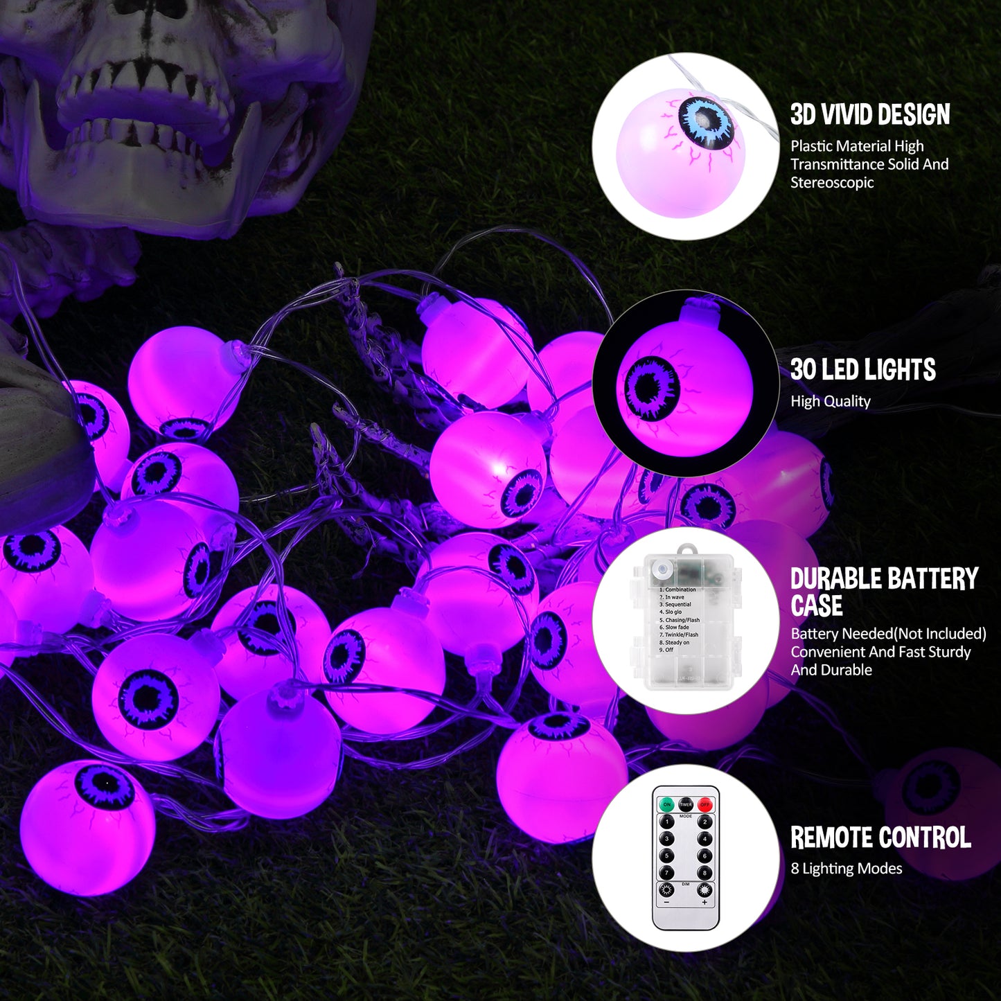 30 LED Halloween Eyeball String Lights 8 Modes w/ Remote