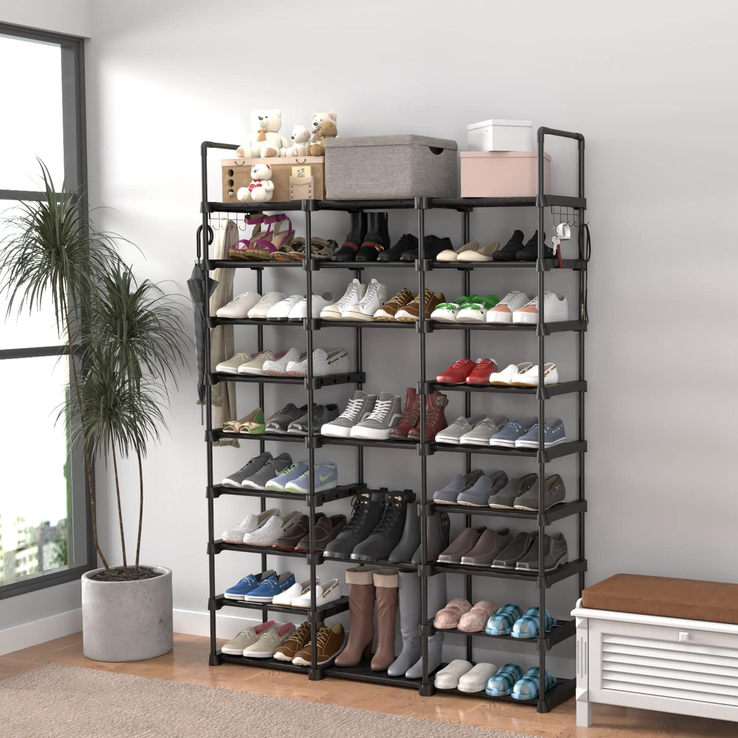 Large Metal Shoe Rack, 50-55 Pairs w/ Hooks-Black