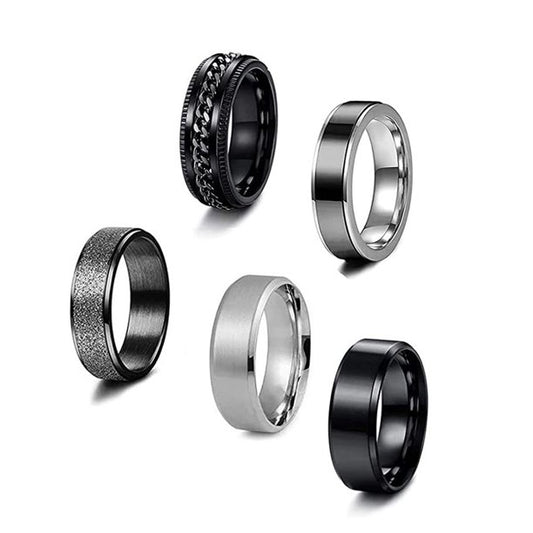 8MM 5pcs Stainless Steel Ring Mens Black Spinner Chain Rings -Size 7