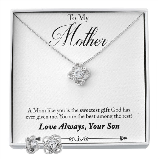 To My Mother Sweetest Gift Love Knot Earring & Necklace Set