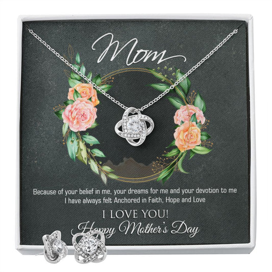 I love you Mom, Mothers Day Love Knot Earring & Necklace Set
