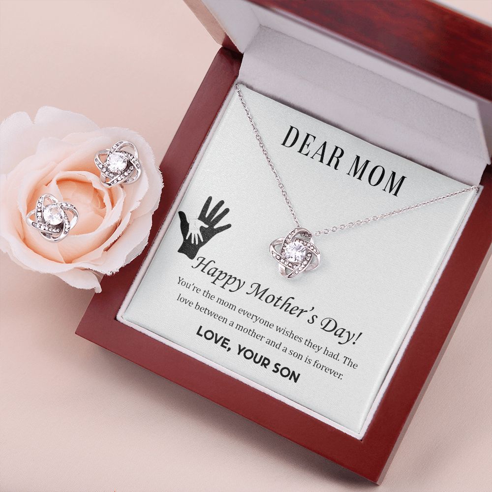 Dear Mom, Happy Mother’s Day! Love your Son Love Knot Earring & Necklace Set