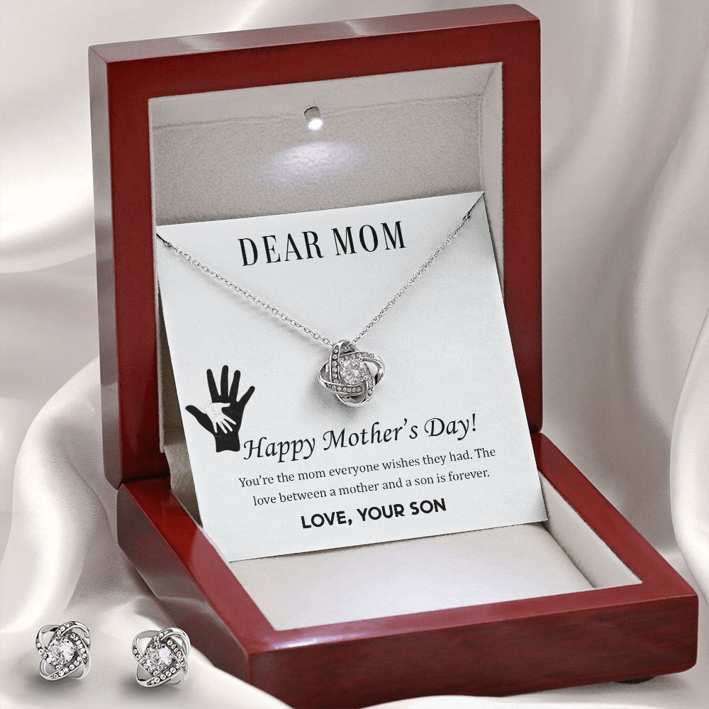 Dear Mom, Happy Mother’s Day! Love your Son Love Knot Earring & Necklace Set