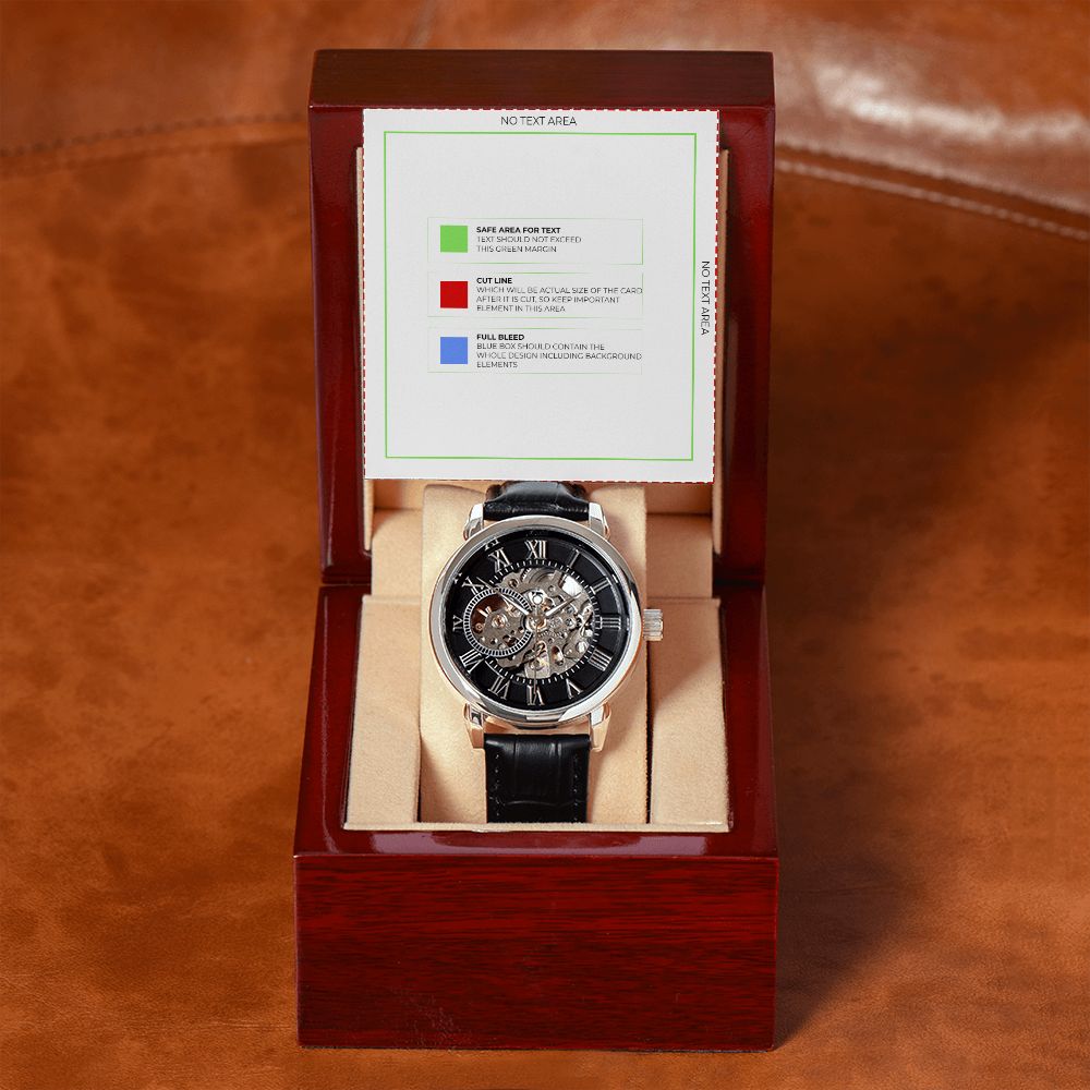 Men's Openwork Watch w/ Genuine Black Leather Band