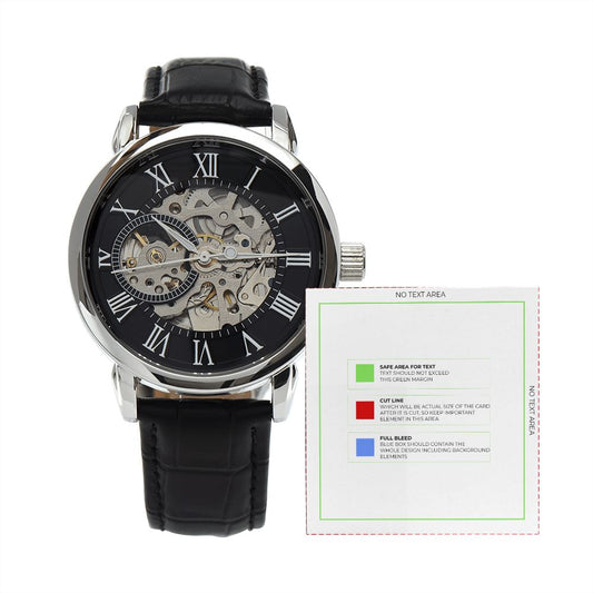 Men's Openwork Watch w/ Genuine Black Leather Band