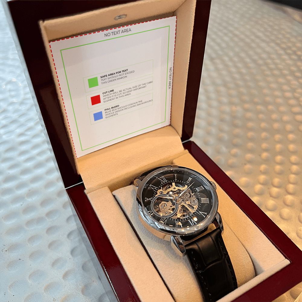 Men's Openwork Watch w/ Genuine Black Leather Band