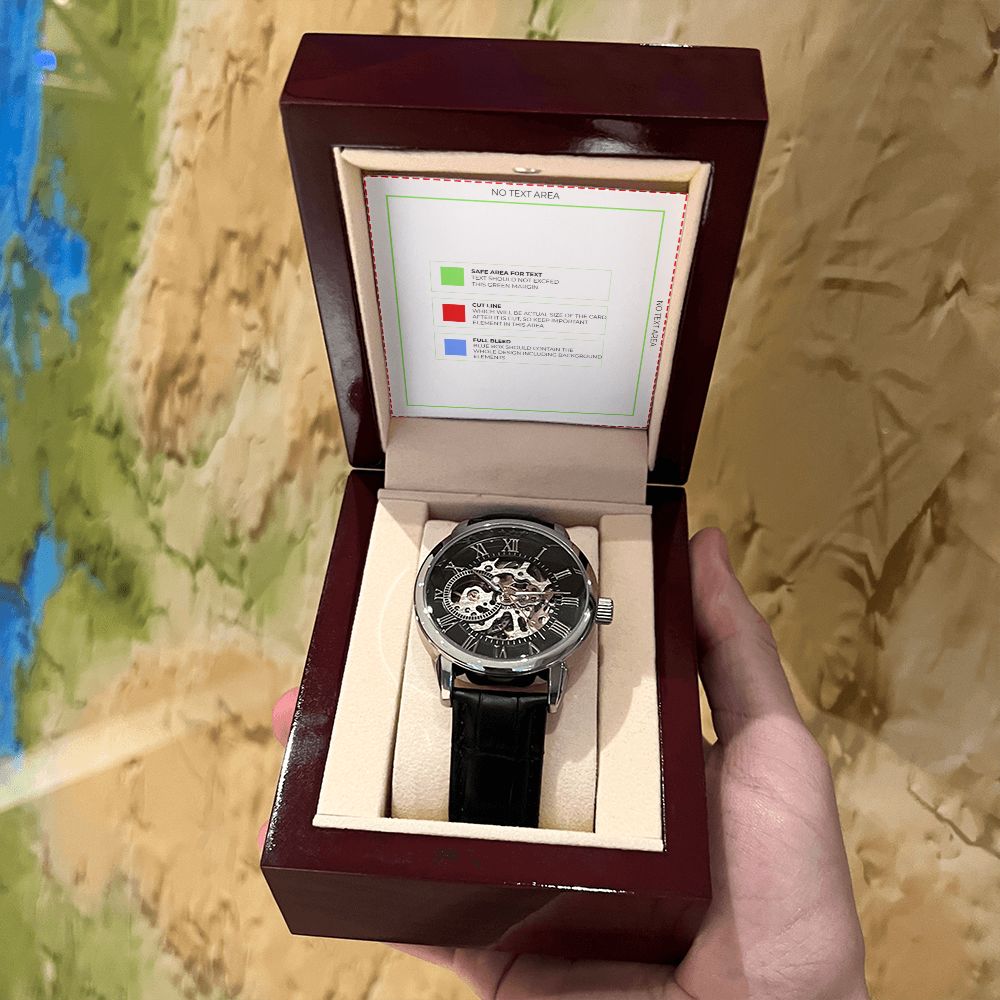 Men's Openwork Watch w/ Genuine Black Leather Band