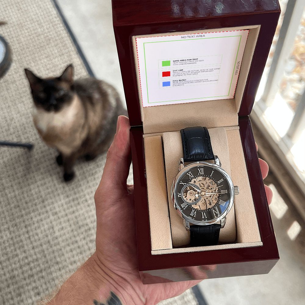 Men's Openwork Watch w/ Genuine Black Leather Band