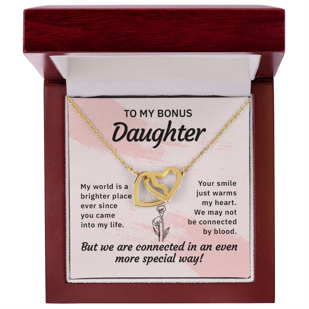 To my bonus daughter-My world is a brighter place Interlocking Hearts necklace